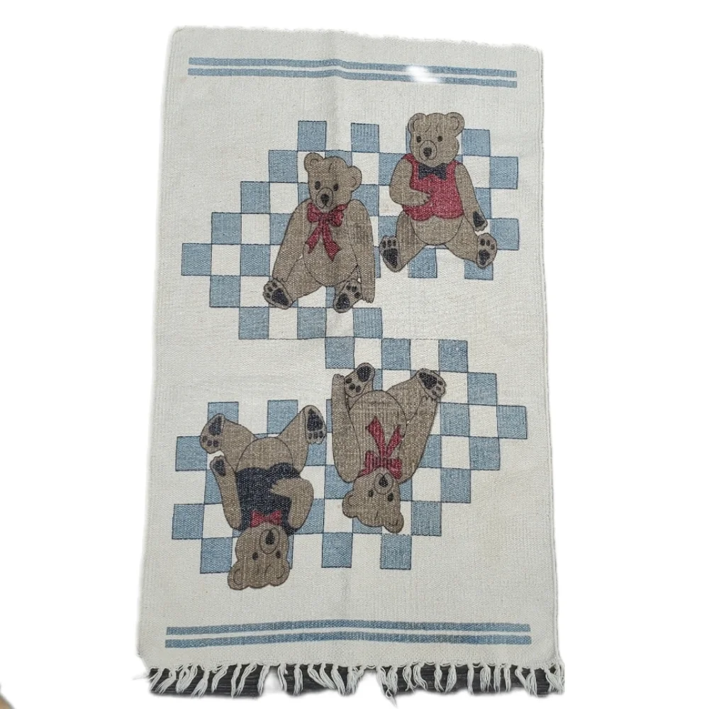Teddy Bears On Check Woven Area Rug Or Wall Hanging W/ Fringe Ivory Blue Brown